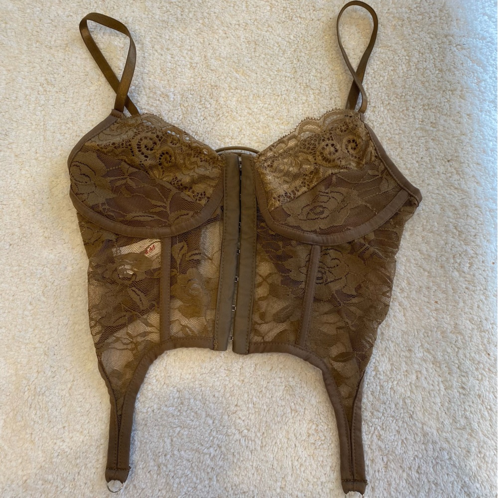 Sexy, Light Brown Lace, Hook Corset, Lingerie Top, Crop Top, Size Small